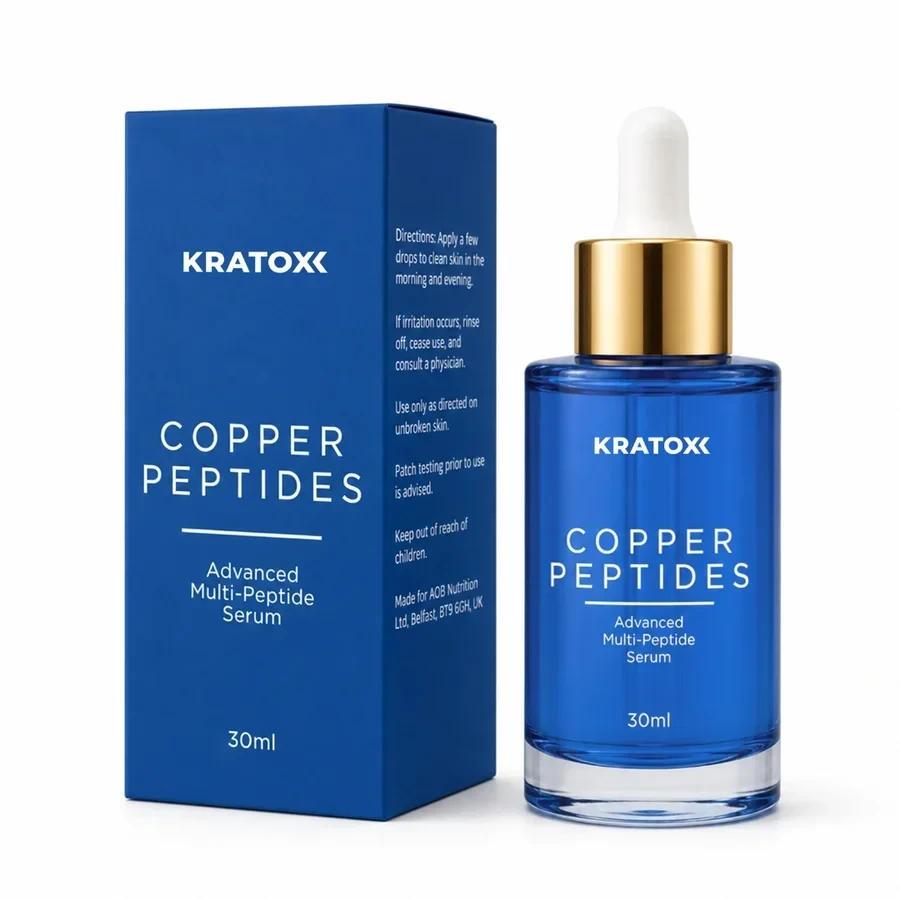 Kratox Copper Peptides 30ml multi-peptide skincare serum in a blue glass dropper bottle, with a gold collar and white pipette.