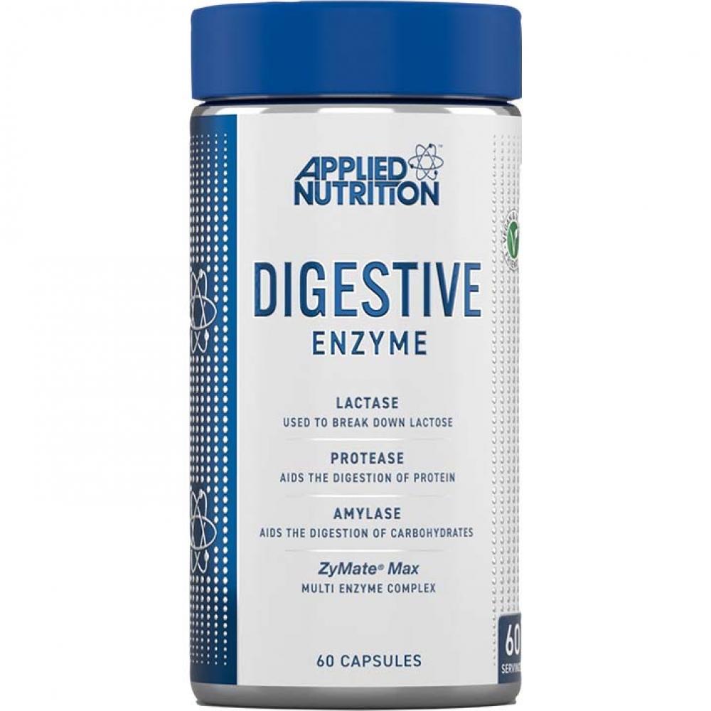 Applied Nutrition Digestive Enzyme 60 capsules multi enzyme complex supplement with lactase, protease, and amylase for digestive support in a white and blue bottle.