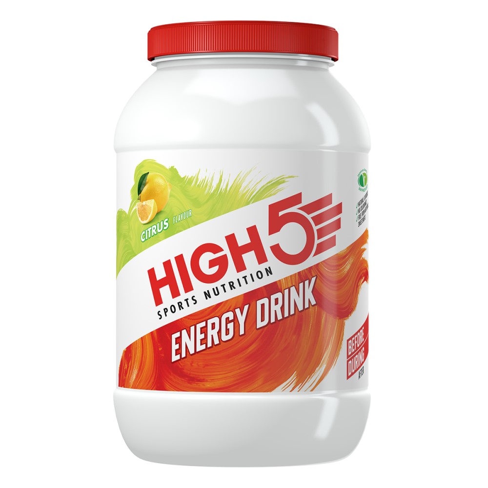 High5 Sports Nutrition Energy Drink citrus flavour, a powdered energy drink supplement in a large white tub with a red lid, designed for before and during exercise.
