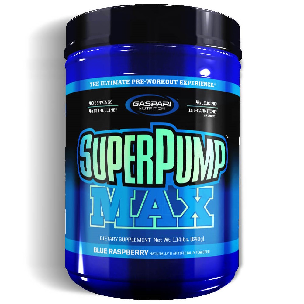 Gaspari Nutrition SuperPump Max 640g blue raspberry pre-workout supplement with 40 servings, featuring citrulline, leucine, and L-carnitine, in a blue container.