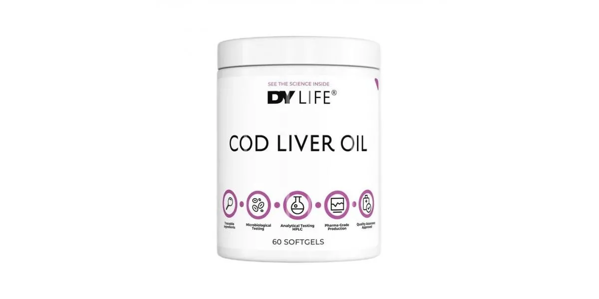 DY Nutrition Dorian Yates Cod Liver Oil DY Life, 60 softgels in a white bottle for daily omega-3 and vitamin support