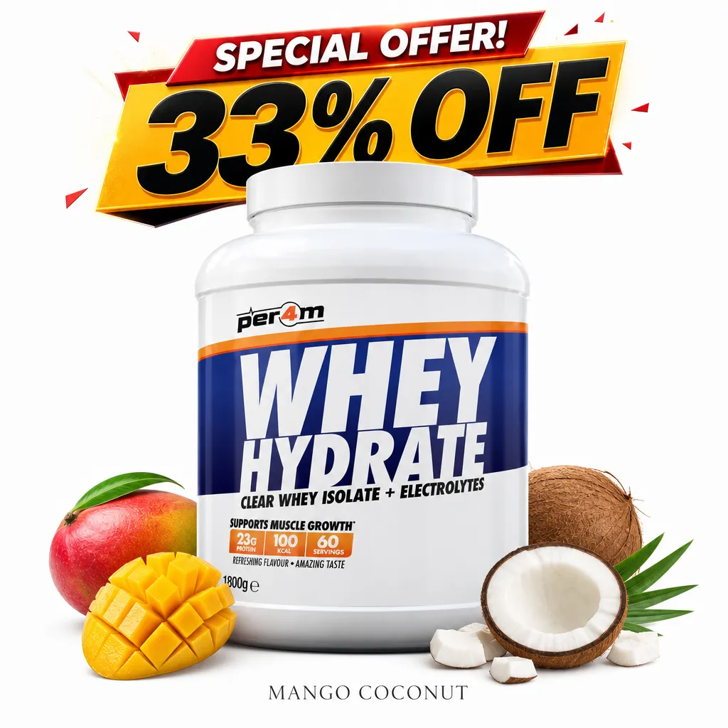 Per4m Whey Hydrate 1800g Mango Coconut is a clear whey protein isolate powder with electrolytes, offering 23g protein per serving and a refreshing tropical flavor.