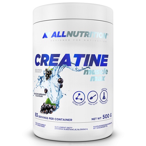 Allnutrition Creatine Muscle Max 500g blackcurrant flavour creatine monohydrate supplement, white tub with blue and purple accents, designed for muscle support.