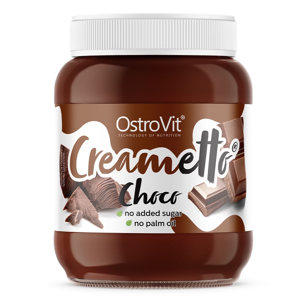 OstroVit Creametto Choco chocolate spread with no added sugar and no palm oil, in a brown jar with a white lid and chocolate imagery on the label.