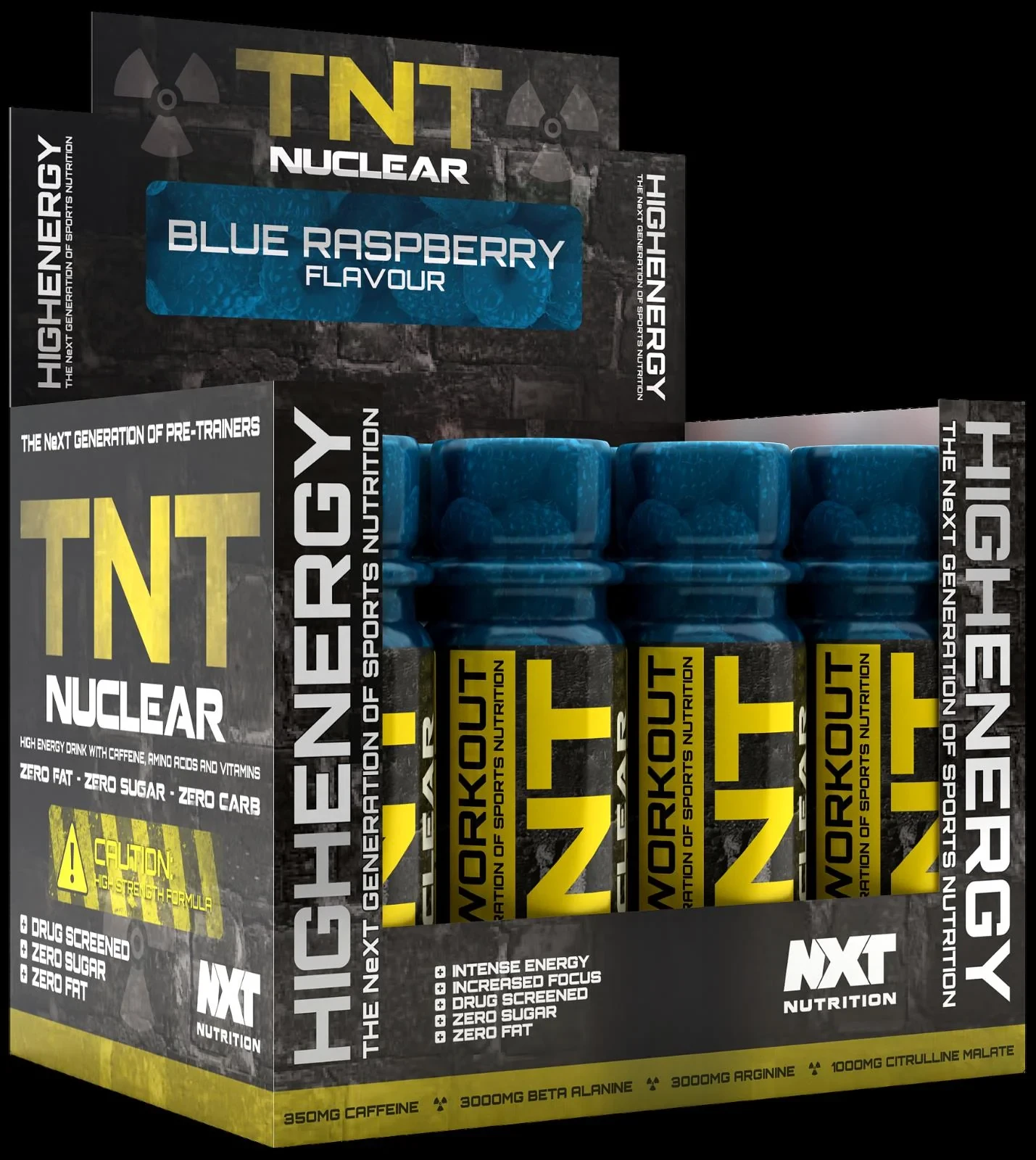 NXT Nutrition TNT Nuclear Shot Blue Raspberry 60ml x12, a high-caffeine pre-workout supplement with zero sugar, carbs, or fat, designed for intense energy and focus.