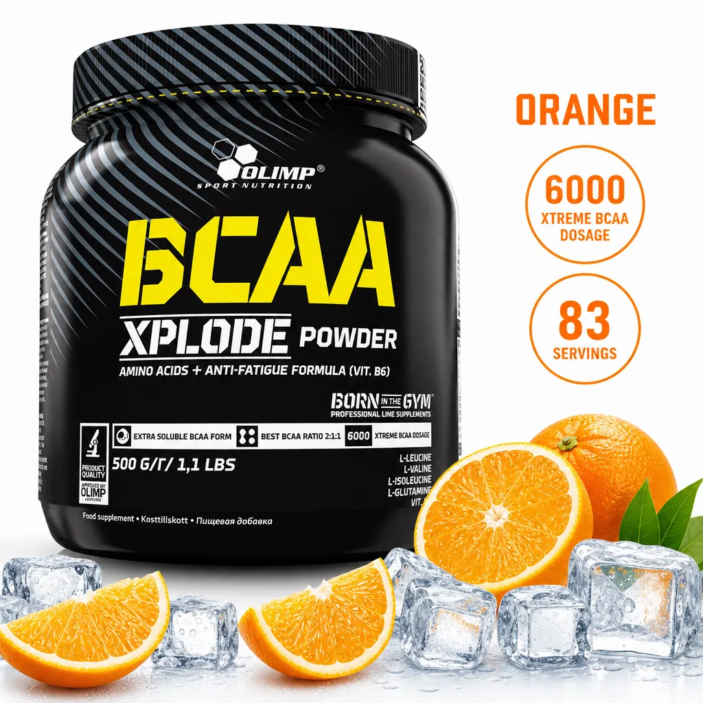Olimp BCAA Xplode 500g orange-flavoured BCAA powder supplement in a black tub