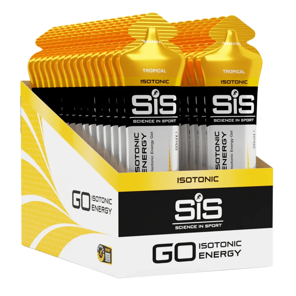 SiS GO Isotonic Energy Gel 60ml x10 Tropical by Science in Sport, a box of 10 single-serve tropical-flavoured isotonic energy gels for rapid carbohydrate delivery during endurance sports.
