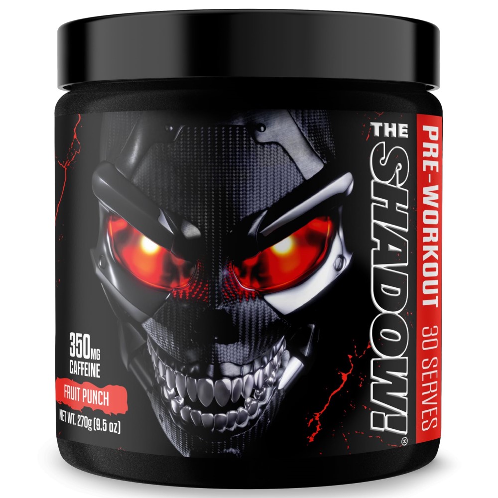 JNX Sports The Shadow! Pre-Workout supplement, fruit punch flavour, 30 servings, featuring 350mg caffeine per serving in a black container with a menacing robotic skull design.