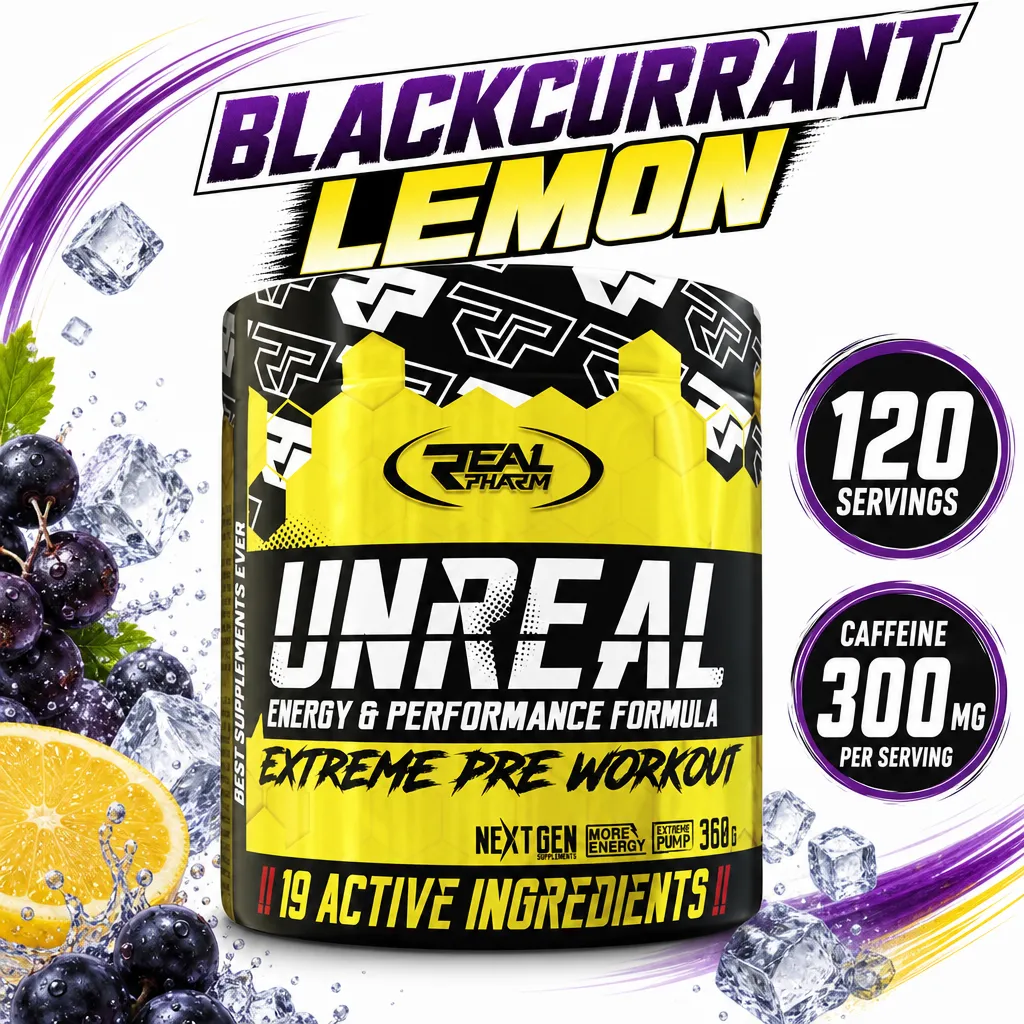 Real Pharm Unreal 360g blackcurrant lemon pre-workout powder with 120 servings and 300mg caffeine per serving.