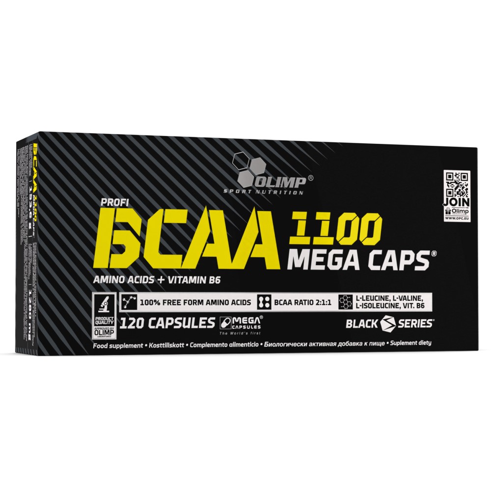 Olimp BCAA Mega Caps 1100mg 120 Caps bottle, black with yellow and white label, by Olimp Nutrition