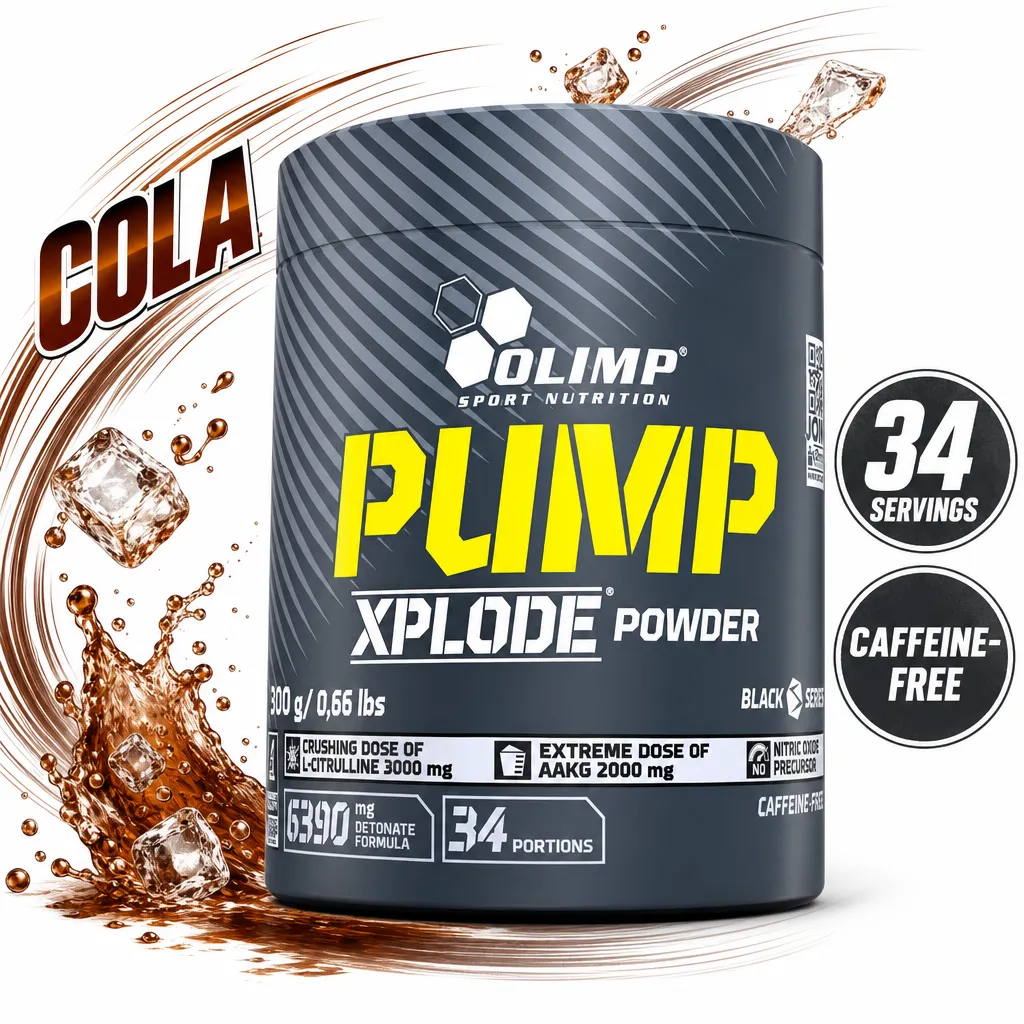 Olimp Nutrition Pump Xplode, a 300g caffeine-free cola-flavour pre-workout powder in a dark grey tub with 34 servings.