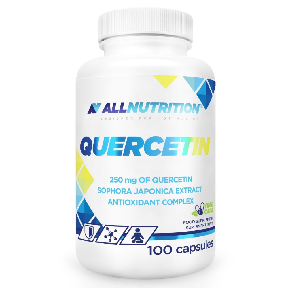 Allnutrition Quercetin 100 capsules dietary supplement with 250 mg of quercetin, Sophora japonica extract, and antioxidant complex, in a white bottle with blue and yellow accents.