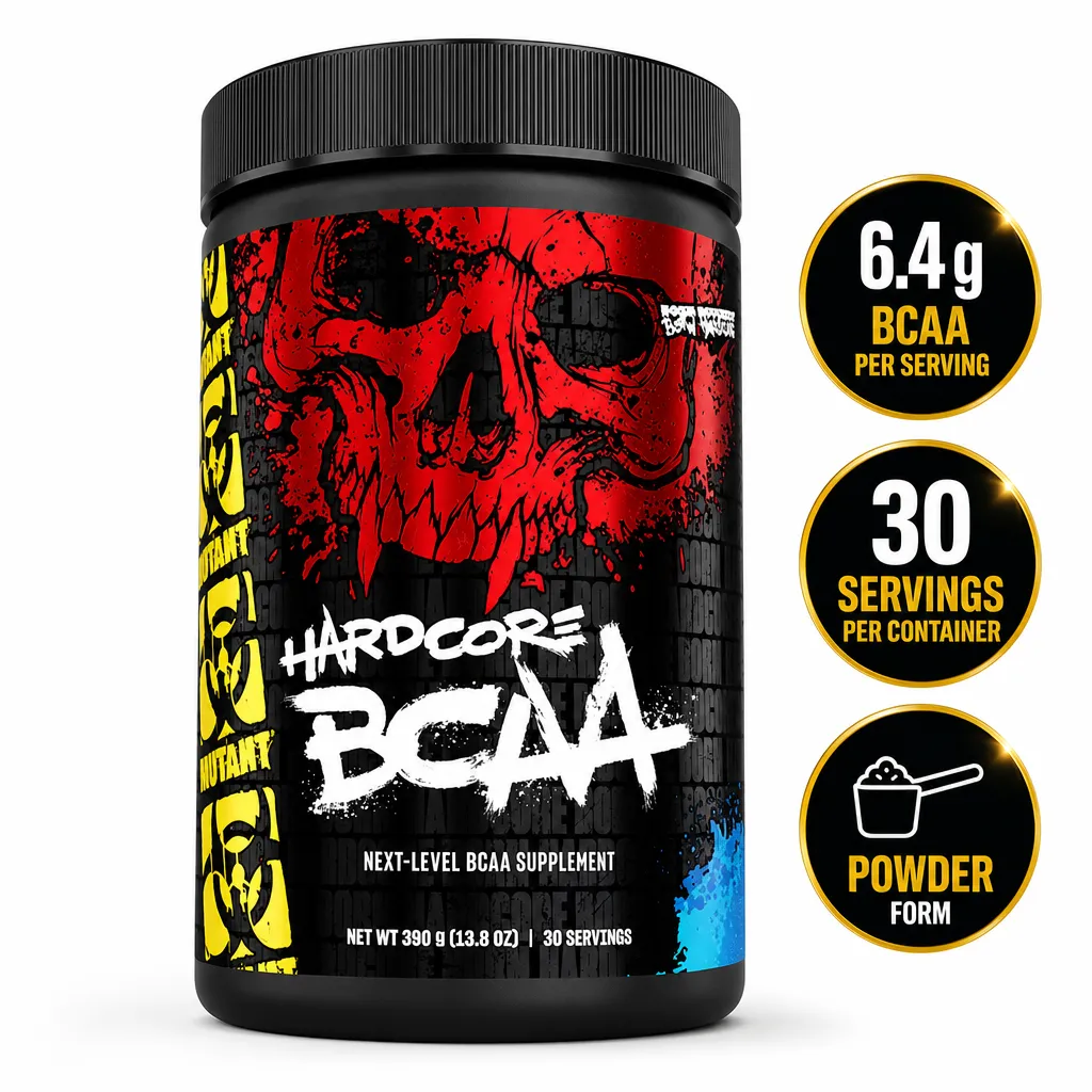 Mutant Hardcore BCAA 390g powder supplement in a black tub with red and yellow graphics, 30 servings and 6.4g BCAA per serving
