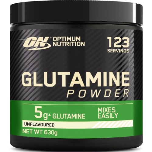 Optimum Nutrition Glutamine Powder 630g unflavoured dietary supplement, featuring 5g glutamine per serving and 123 servings per container, in a black and green tub.