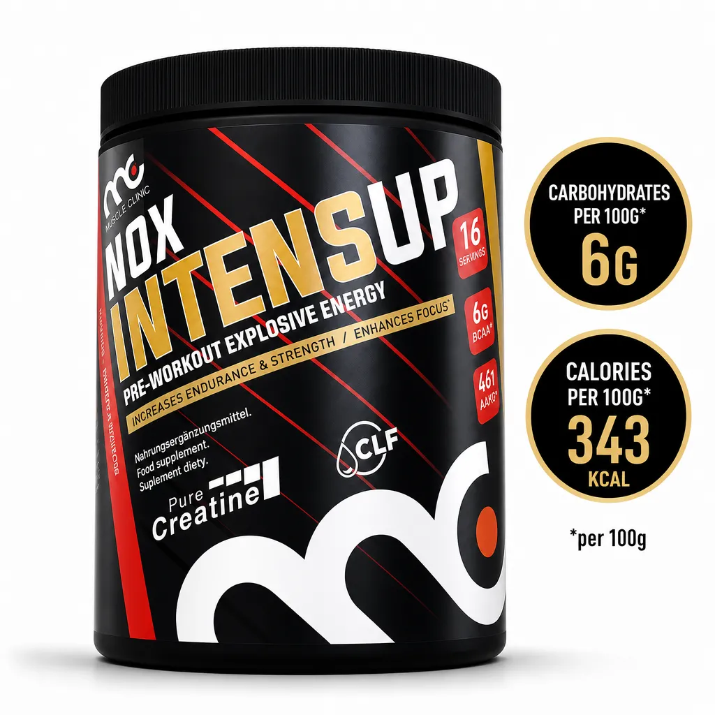 Muscle Clinic NOX IntenseUp 640g pre-workout supplement in a black tub with cherry flavour and 16 servings
