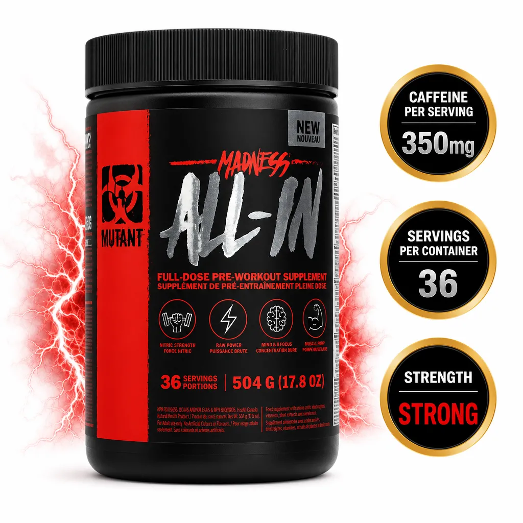 Mutant Madness All-In pre-workout supplement, 36 servings and 350mg caffeine per serving in a black and red tub.