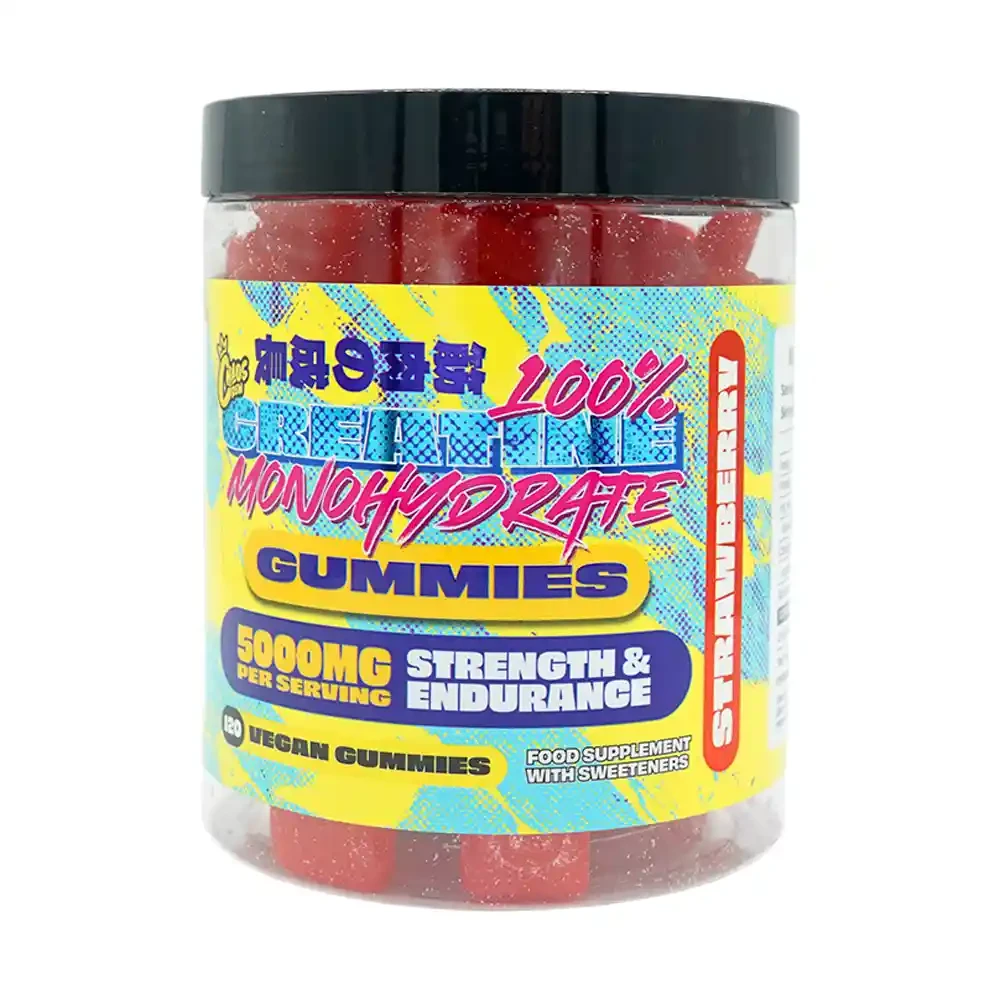 Chaos Crew Creatine Gummies, chewable creatine monohydrate with 5,000 mg per serving and 30 servings, in a yellow tub with red gummies.