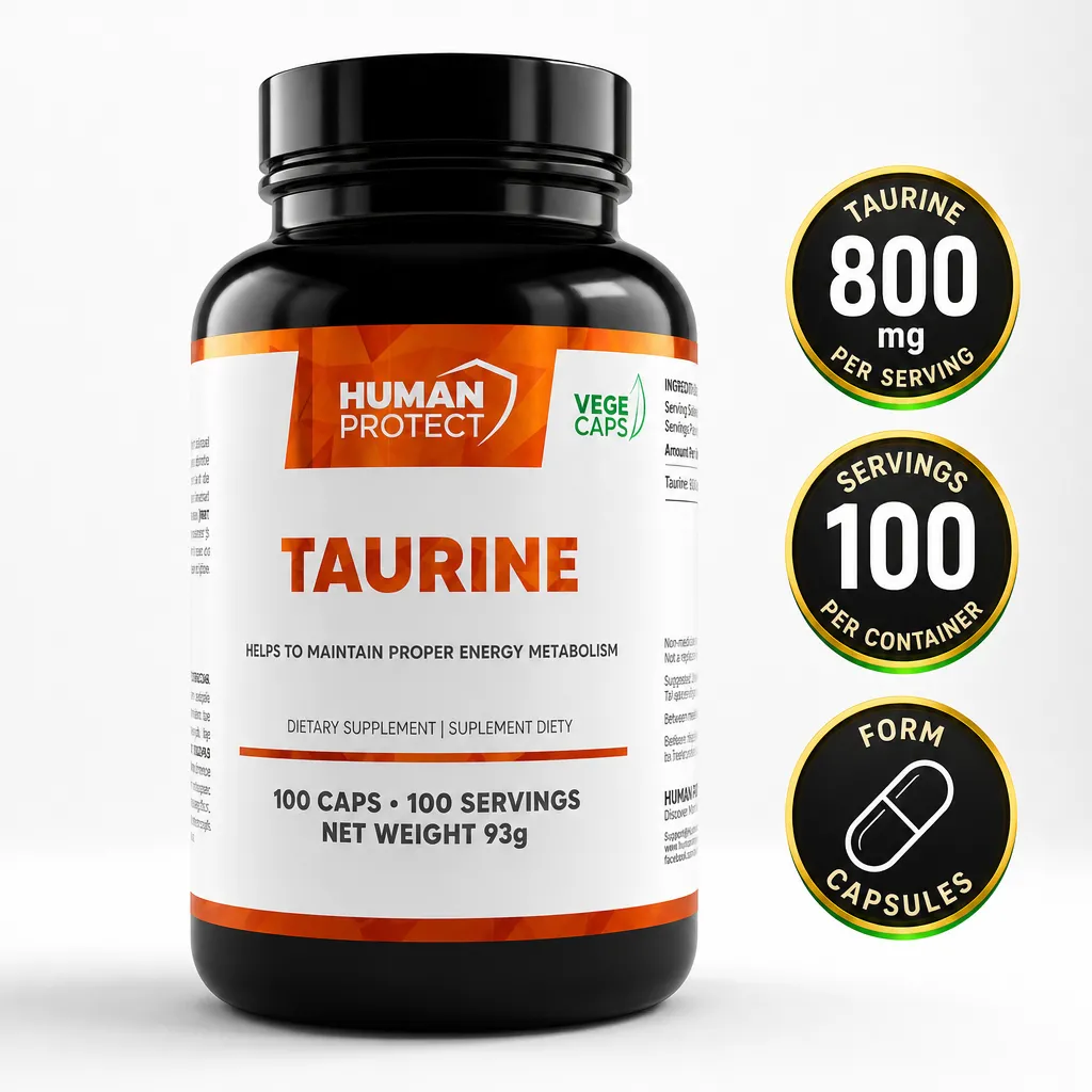 Human Protect Taurine 800mg dietary supplement in capsules, 100 servings per container, presented in a black bottle with a white and orange label
