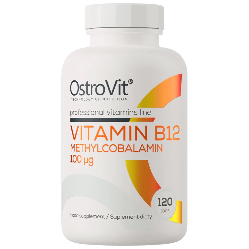 OstroVit Vitamin B12 Methylcobalamin 100µg 120 tabs food supplement, white bottle with orange and yellow accents, professional vitamins line.