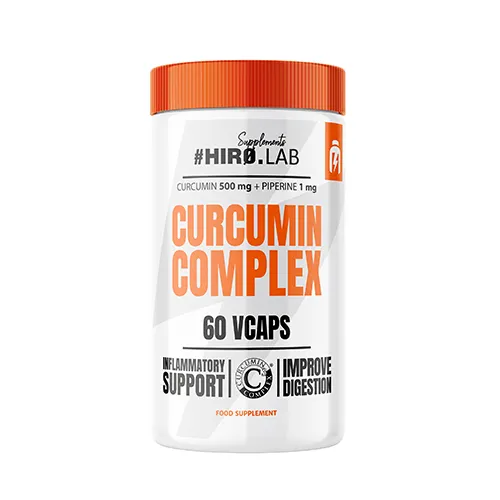 Hiro Lab Curcumin Complex 60 Vcaps turmeric and piperine food supplement in a white bottle with orange cap