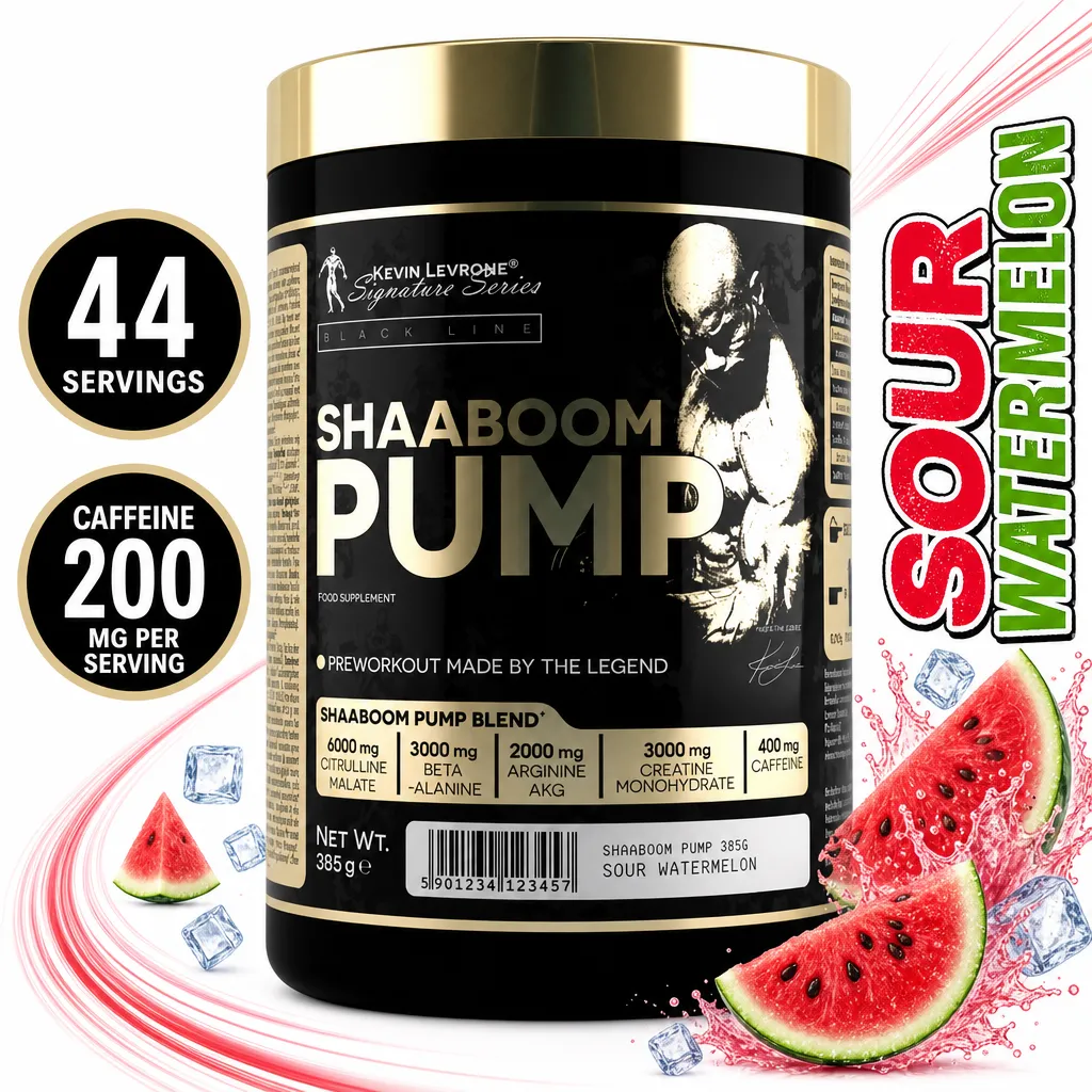 Kevin Levrone Shaaboom Pump 385g pre-workout powder in a black tub, sour watermelon flavour with 44 servings
