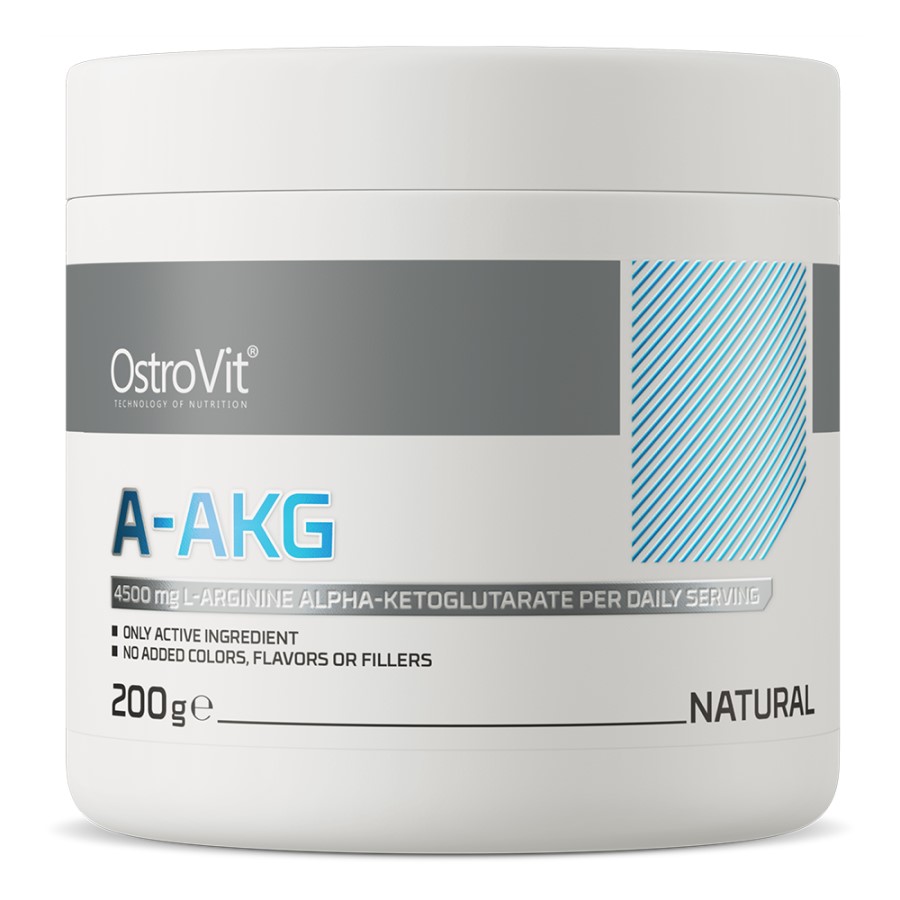 OstroVit A-AKG 200g natural L-arginine alpha-ketoglutarate supplement, unflavoured, with no added colors, flavors, or fillers, in a white container.