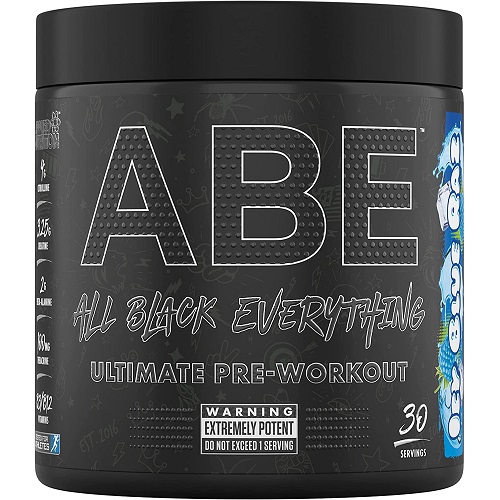 Applied Nutrition ABE Ultimate Pre-Workout, a high-potency pre-workout supplement with 30 servings, black container, designed to boost energy and performance.