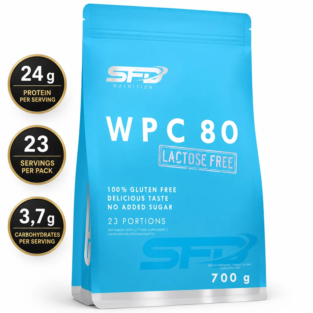 SFD WPC 80 Lactose Free 700g whey protein concentrate powder in a blue pouch, gluten-free and lactose-free