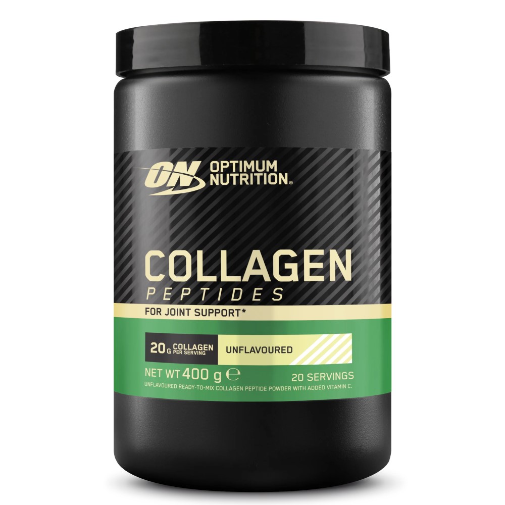 Optimum Nutrition Collagen Peptides 400g container, white tub with black and gold label, unflavored powder supplement