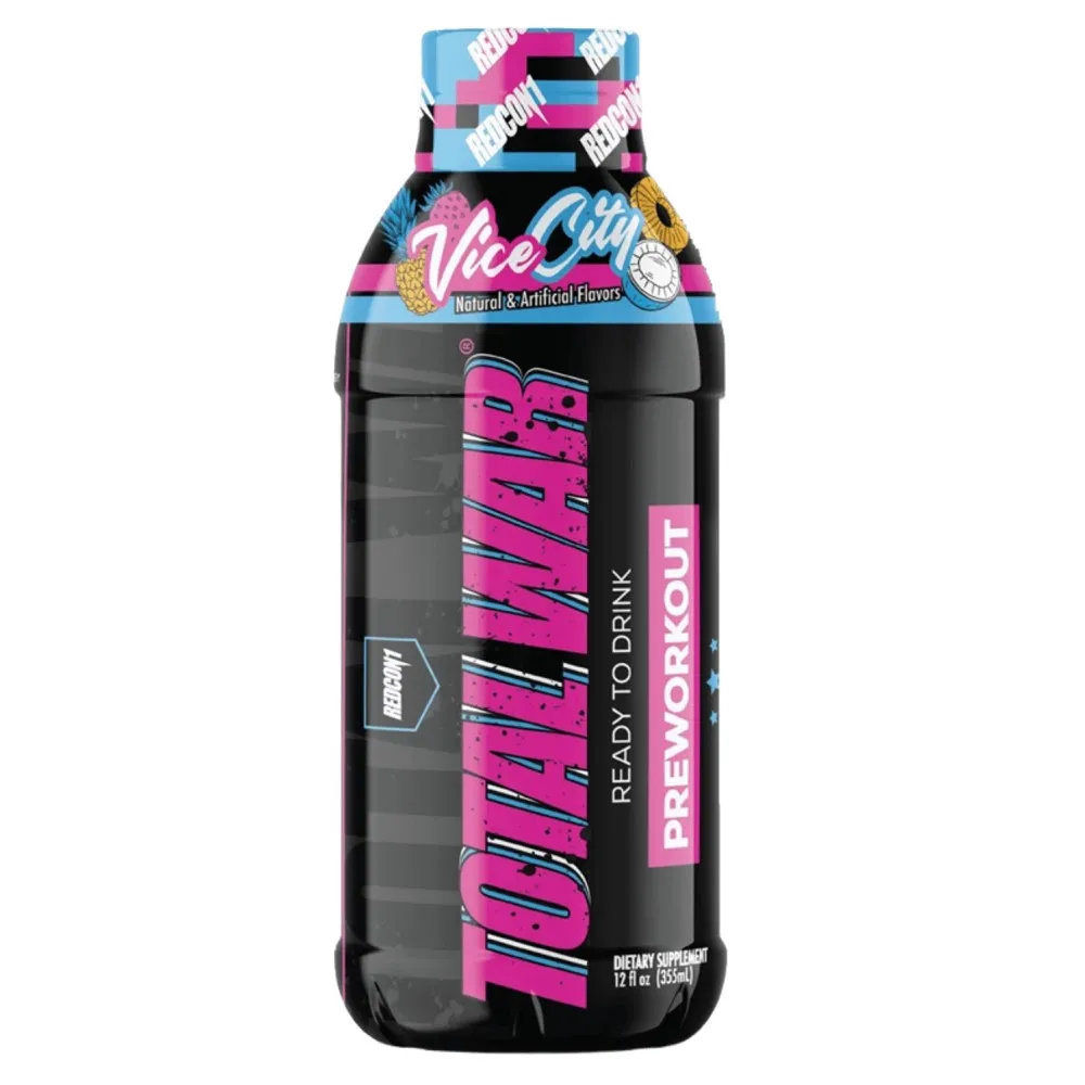 Redcon Total War Ready to Drink Preworkout Vice City flavor, 12 fl oz bottle, a preworkout dietary supplement with natural and artificial flavors.