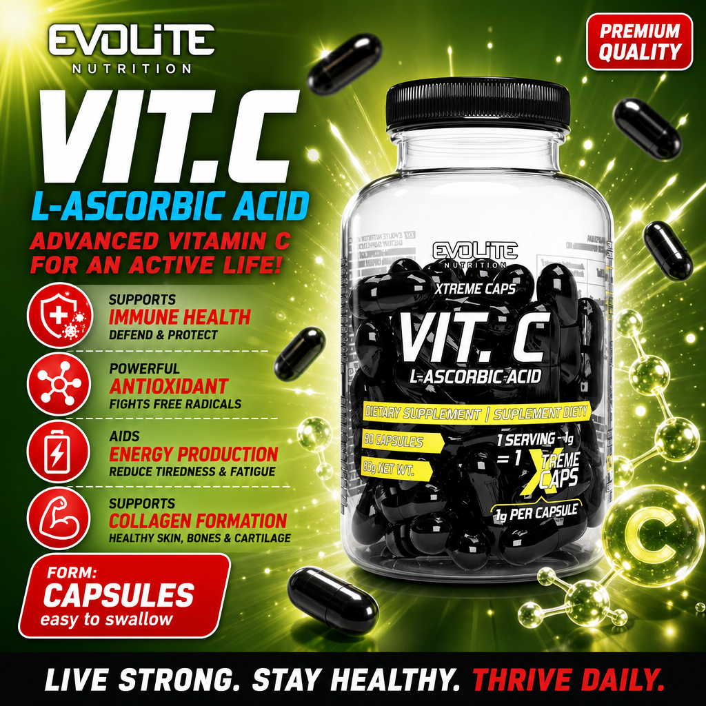 Evolite Vitamin C Xtreme Caps 1000mg dietary supplement, L-ascorbic acid in capsule form, supports immune health, antioxidant, energy production, and collagen formation. 60 capsules per bottle, black capsules, green background.