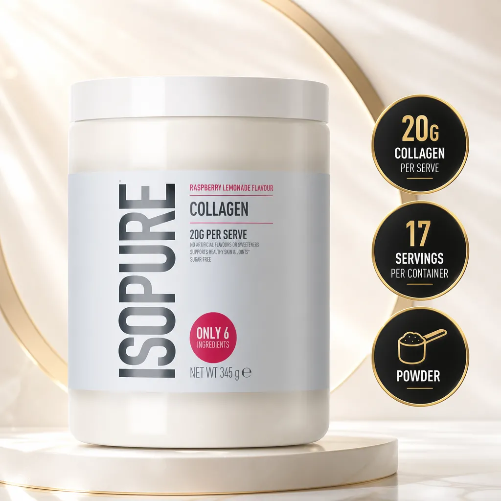 Isopure Collagen 345g Raspberry Lemonade collagen powder in a white tub, with 20g collagen per serve and 17 servings
