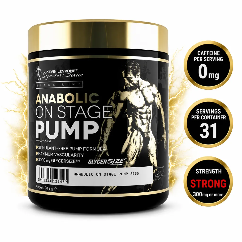 Kevin Levrone Anabolic On Stage Pump 313g stimulant-free pre-workout powder in a black tub with gold accents