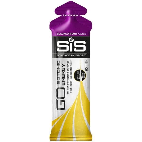 SiS GO Isotonic Energy Gel 60ml blackcurrant flavour, an isotonic energy gel for sports and endurance, in a purple and yellow sachet.