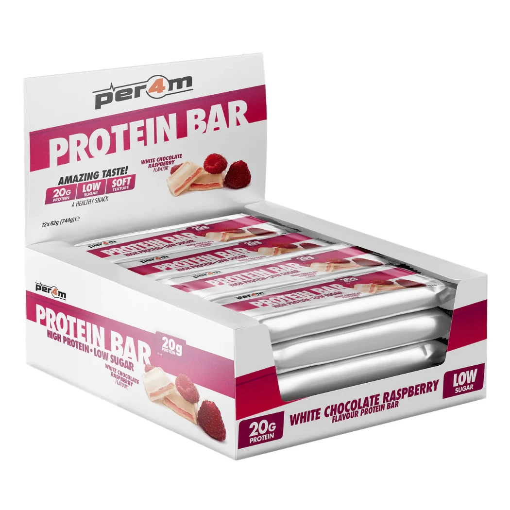 Per4m Protein Bar 62g x12 White Chocolate Raspberry offers high-protein, low-sugar snack bars with 20g protein per bar, featuring a white chocolate raspberry flavour.