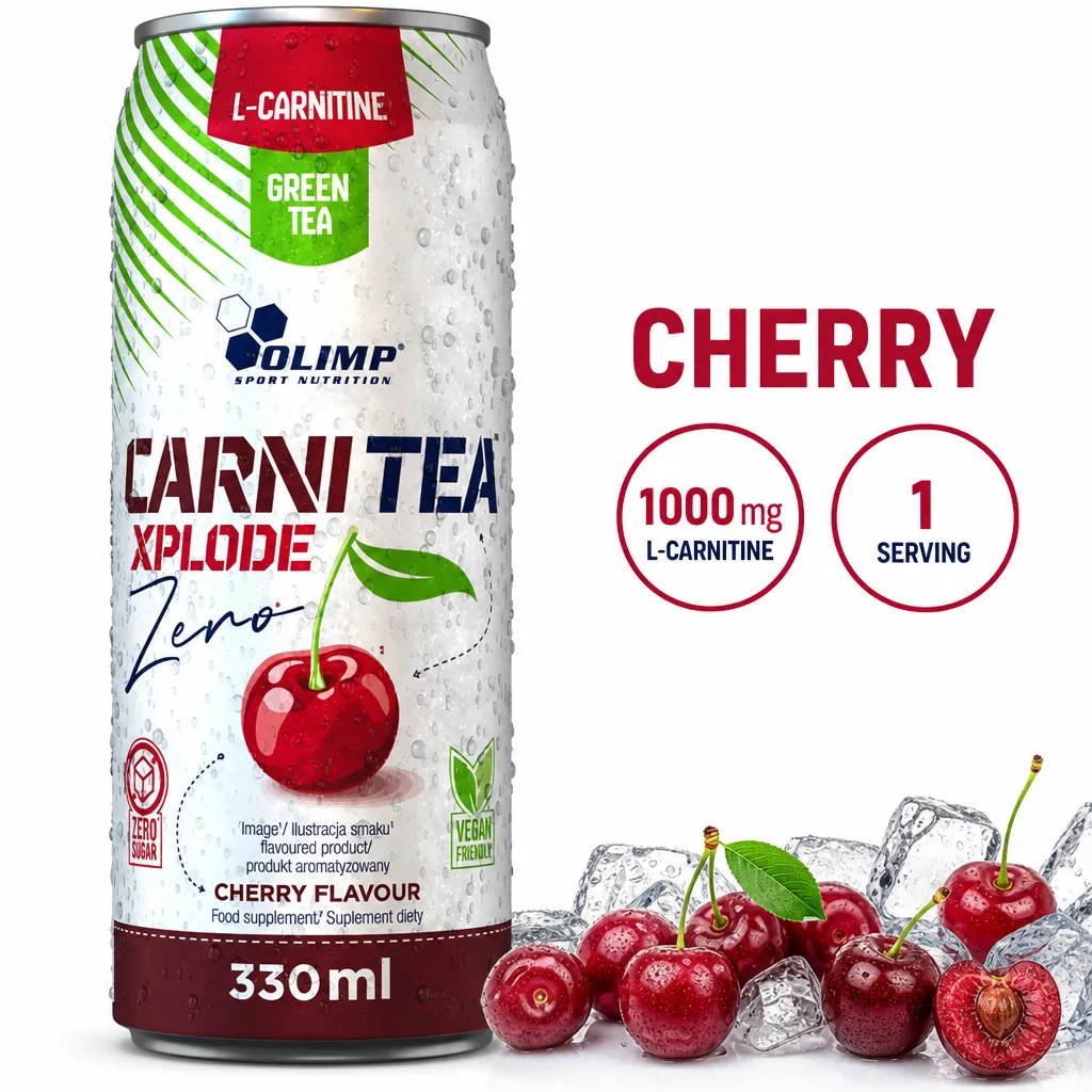 Olimp Carni Tea Xplode Zero cherry-flavour energy drink, 330ml can with 1000mg L-carnitine, green tea and zero sugar.
