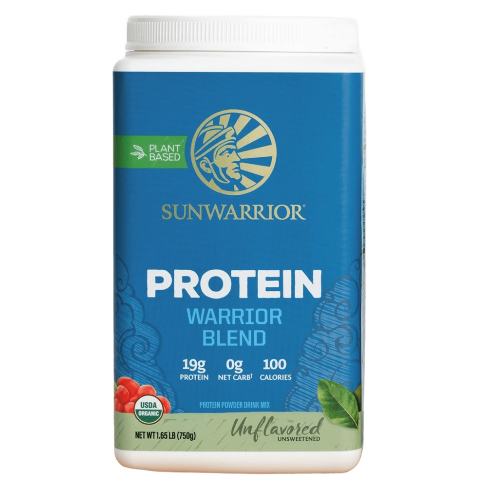 Sunwarrior Protein Warrior Blend 750g unflavored plant-based protein powder, organic and unsweetened, in a blue container.