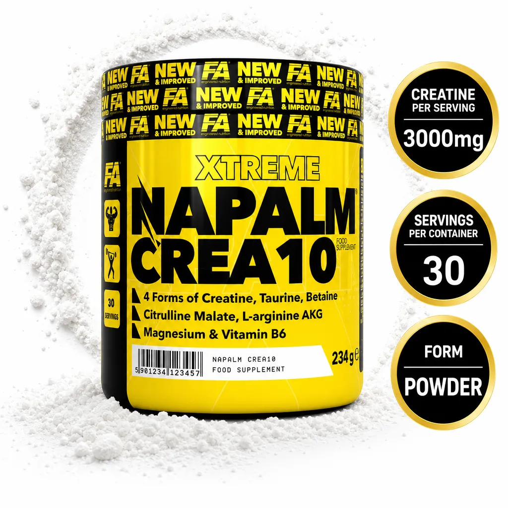 FA Nutrition Napalm Crea10 234g creatine supplement powder with four forms of creatine, taurine, betaine, magnesium and vitamin B6