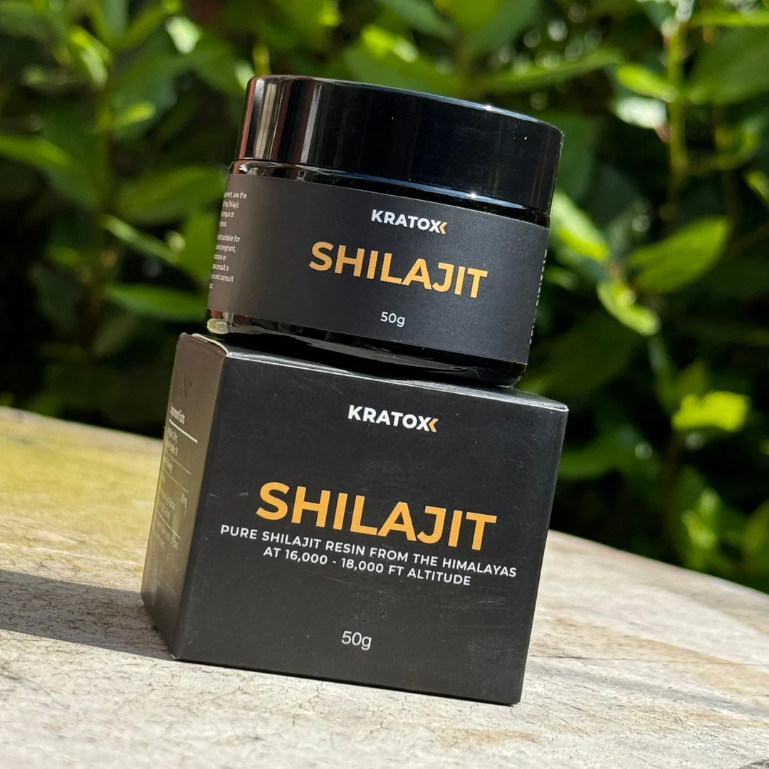 Kratox Shilajit Resin 50g packaging, displaying the glass jar, black lid, and product branding.