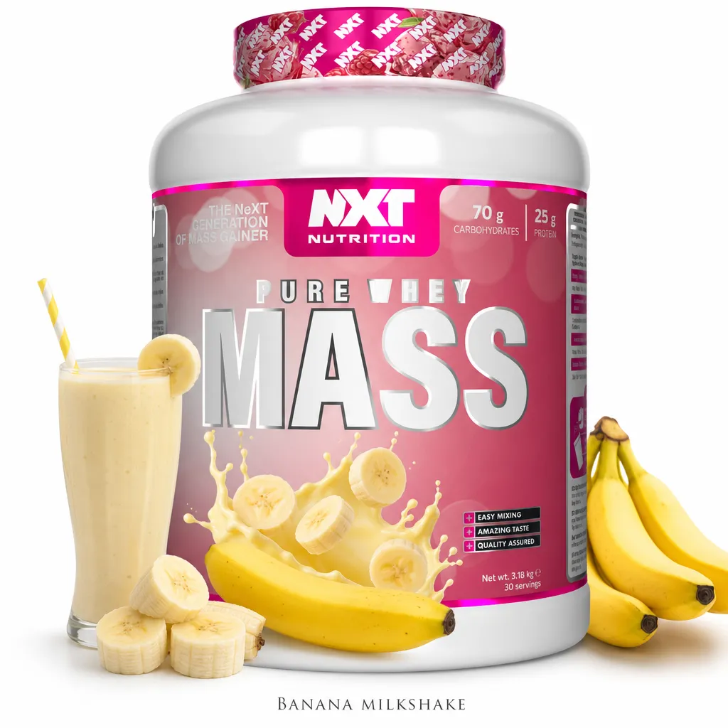 NXT Nutrition Pure Whey Mass 3200g Banana Milkshake is a high-calorie mass gainer supplement with whey protein, complex carbs, and a banana milkshake flavour.