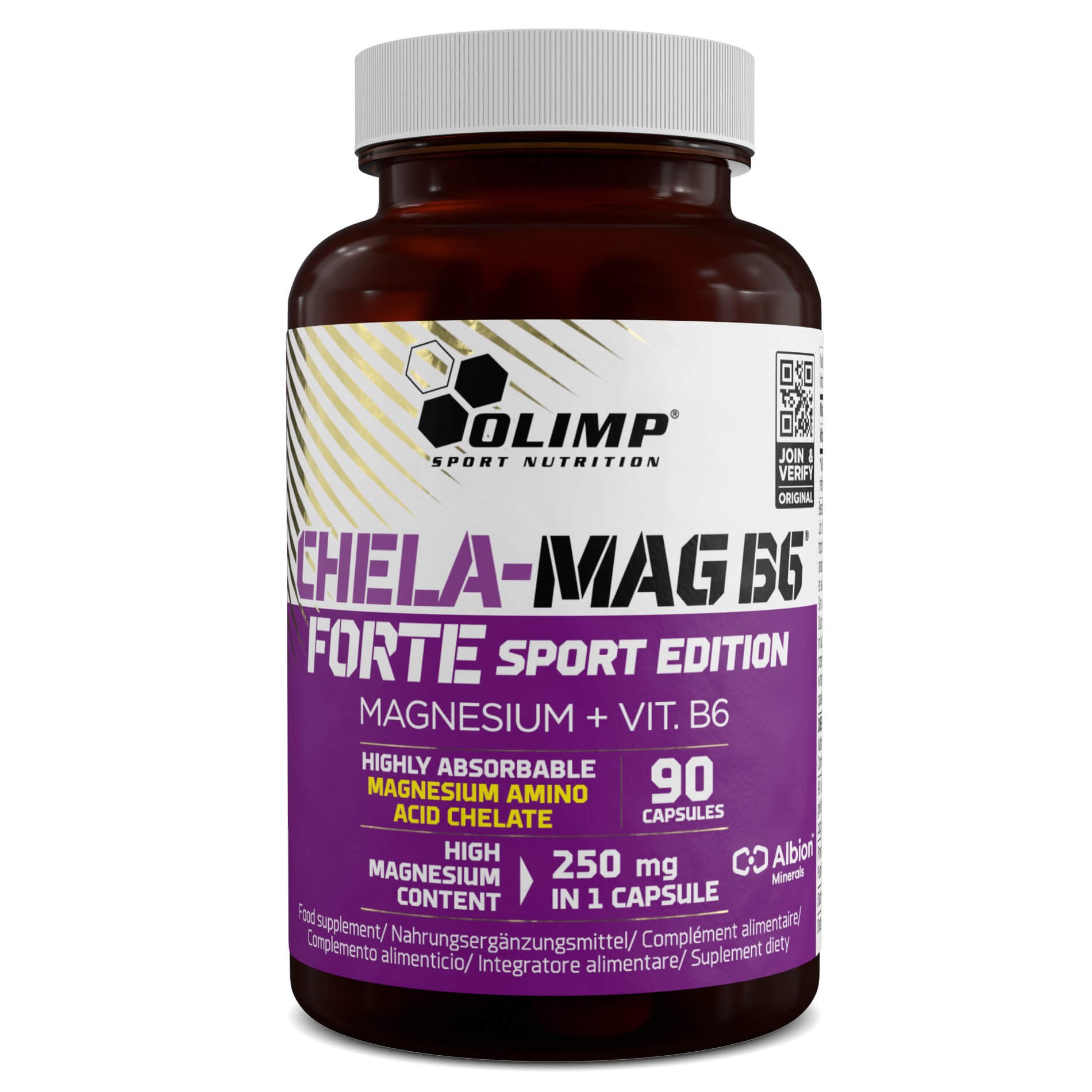 Olimp Chela-Mag B6 Forte Sport Edition 90 Caps bottle, white with blue and silver accents, by Olimp Nutrition