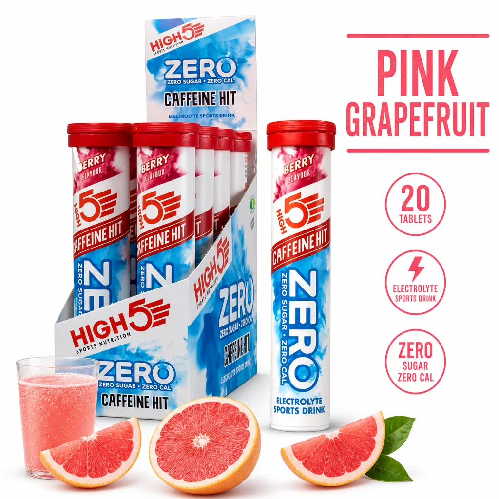High5 Sports Nutrition Electrolyte Zero Caffeine Hit effervescent tablets in Pink Grapefruit flavour, 20 tablets, zero sugar.