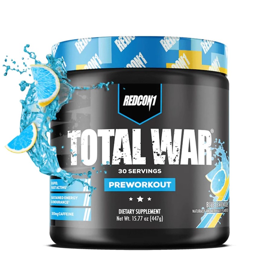 Redcon1 Total War Preworkout 30 servings in Blue Lemonade flavor, a dietary supplement with 320mg caffeine per serving, designed for energy and endurance. Black tub with blue accents.