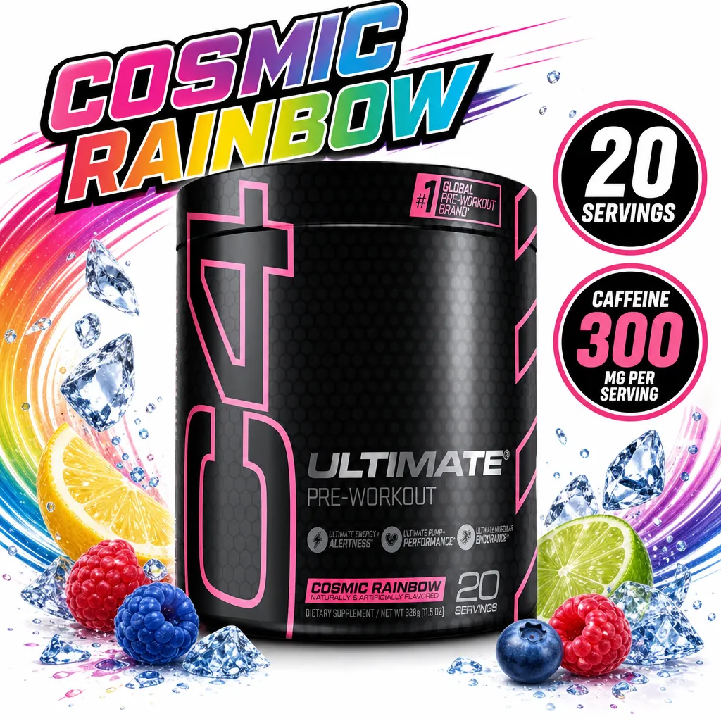 Cellucor C4 Ultimate Cosmic Rainbow pre-workout supplement, 20 servings with 300 mg caffeine per serving in a black tub