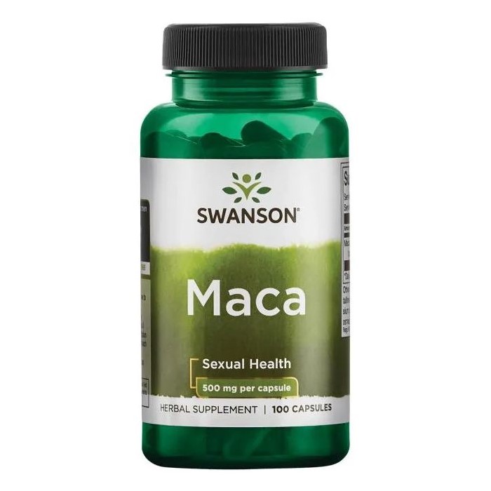Swanson Maca 500mg herbal supplement for sexual health, 100 capsules in a green bottle. The product supports vitality and well-being.