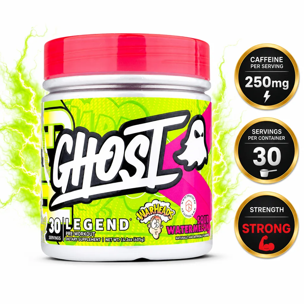 Ghost Legend Pre-Workout dietary supplement, Warheads Sour Watermelon flavour, 30 servings with 250mg caffeine per serving