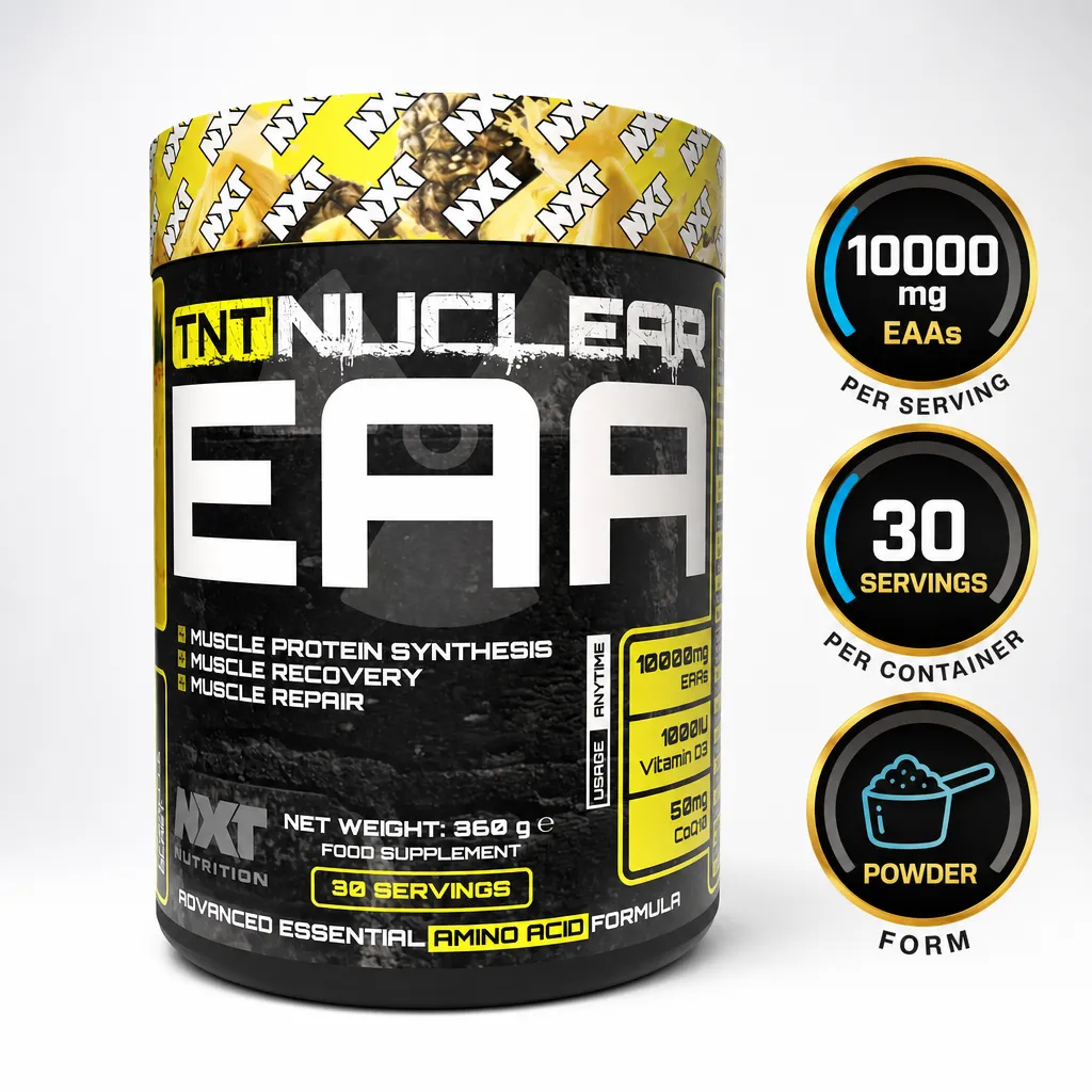 NXT Nutrition TNT Nuclear EAA 360g essential amino acid powder supplement in a black and yellow tub with 30 servings
