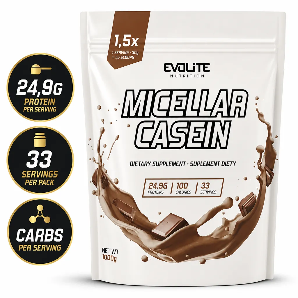 Evolite Micellar Casein 1000g chocolate-flavoured protein powder in a white resealable pouch