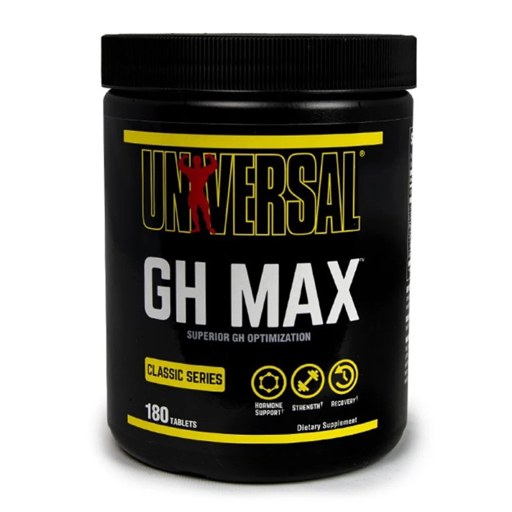 Universal Nutrition GH Max 180 Tabs bottle, black container with red and white label, dietary supplement tablets