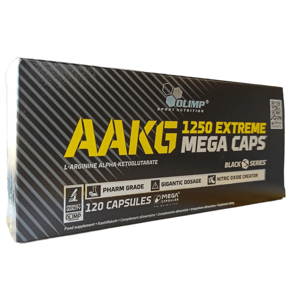 Olimp AAKG 1250 Extreme Mega Caps, a L-arginine alpha-ketoglutarate supplement in a black and yellow box, 120 capsules, nitric oxide creator.